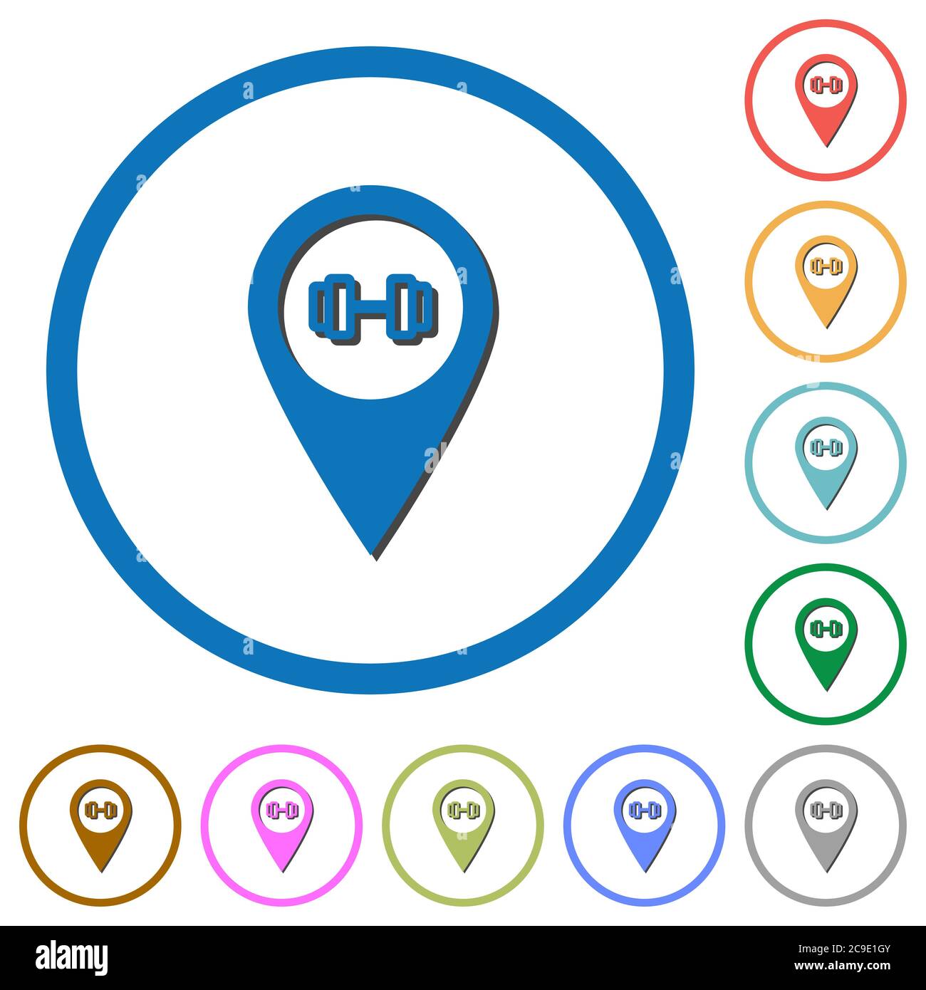 Gym GPS map location flat color vector icons with shadows in round ...