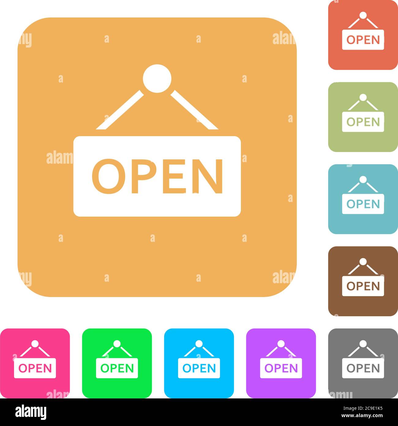 Open sign flat icons on rounded square vivid color backgrounds Stock ...