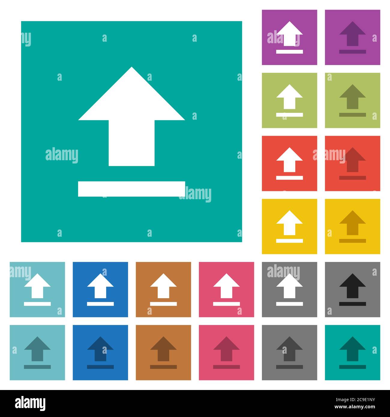 Upload multi colored flat icons on plain square backgrounds. Included white and darker icon variations for hover or active effects. Stock Vector