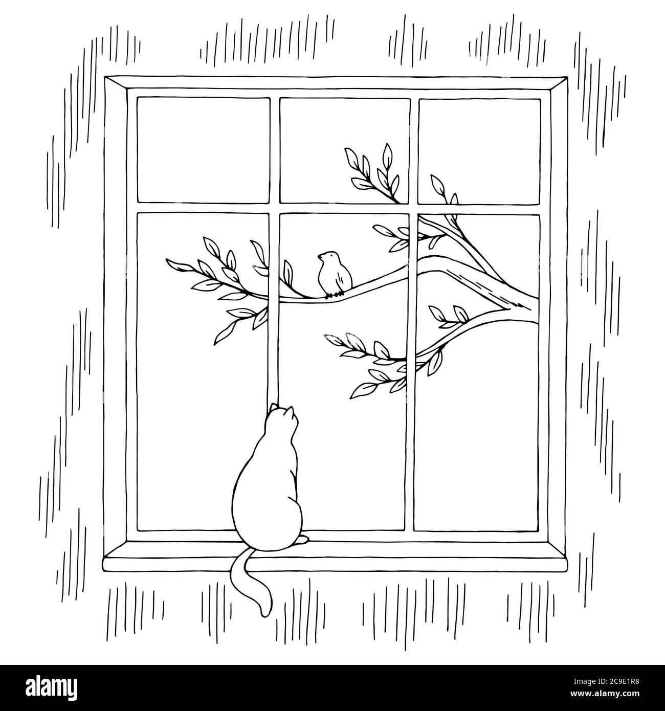 Cat sitting on the windowsill and looking at a bird on a branch graphic black white sketch illustration vector Stock Vector