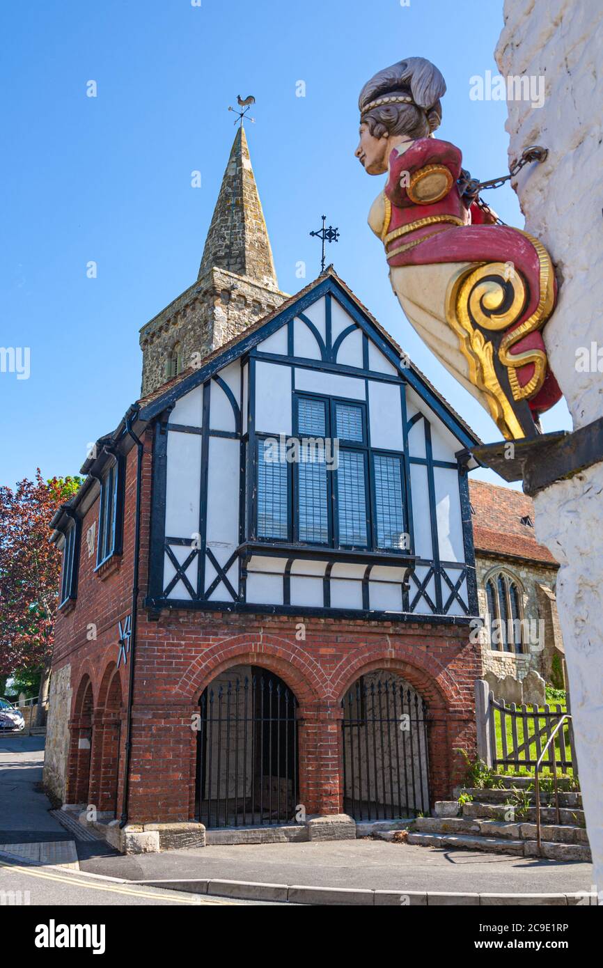 The Old Town Hall of Brading on the Isle of Wight with jail and stocks on the ground level Stock Photo