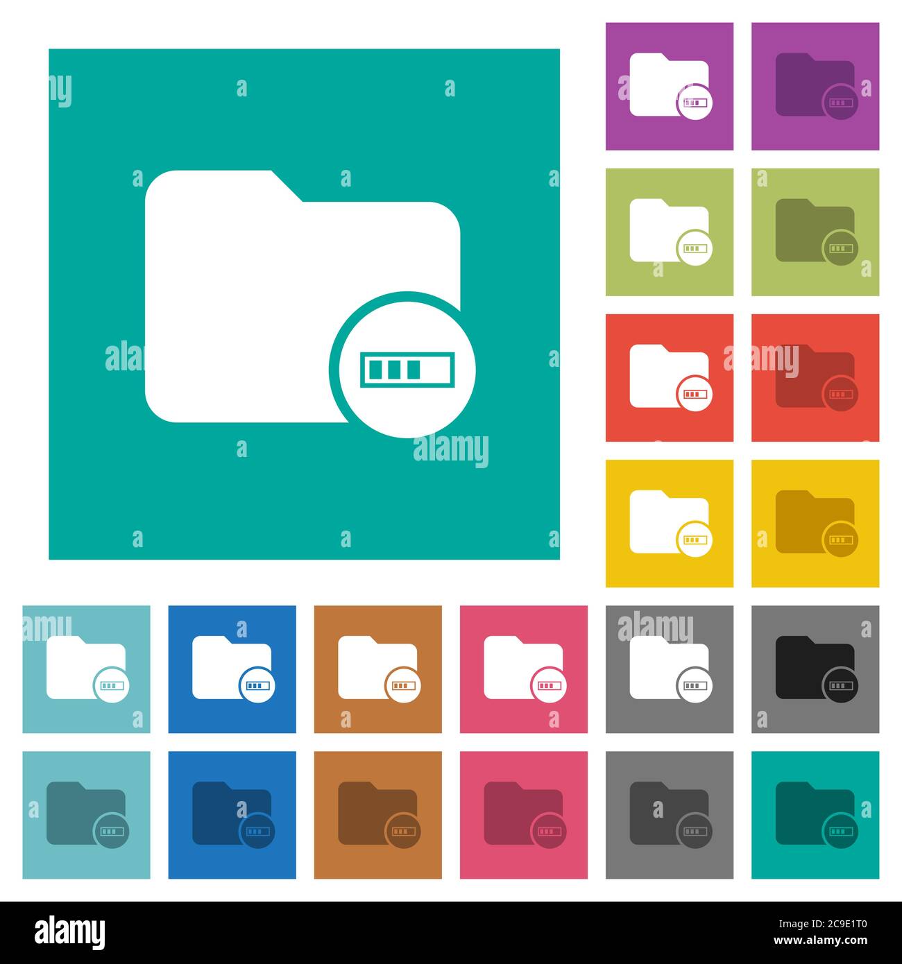 Directory processing multi colored flat icons on plain square backgrounds. Included white and darker icon variations for hover or active effects. Stock Vector