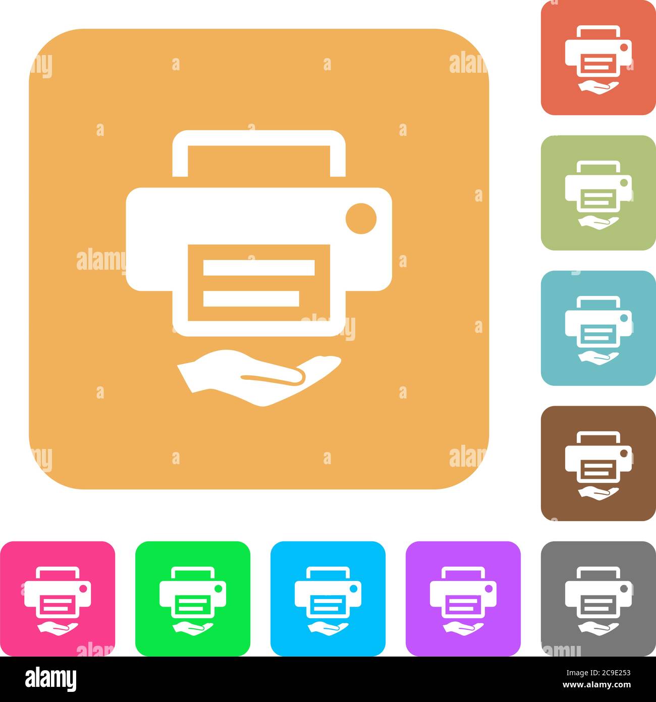 Shared printer flat icons on rounded square vivid color backgrounds. Stock Vector