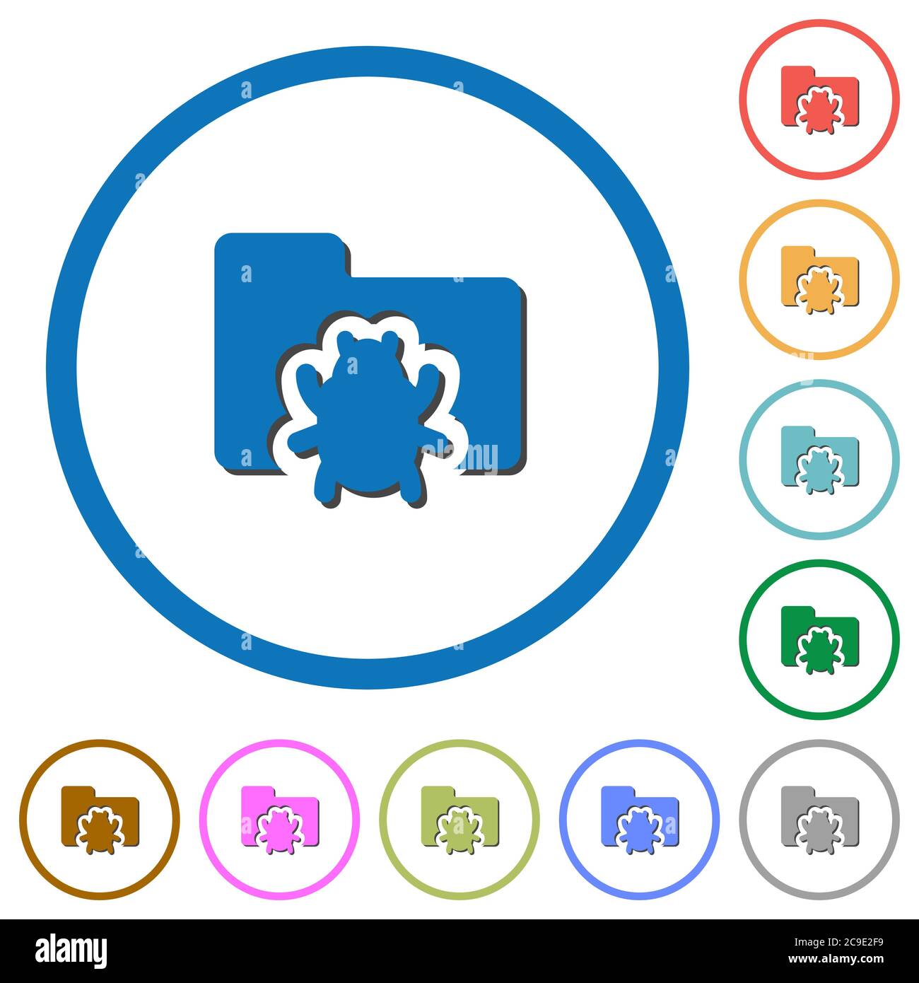 Bug folder flat color vector icons with shadows in round outlines on ...