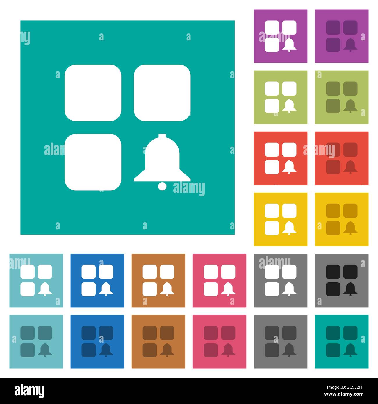 Component alert multi colored flat icons on plain square backgrounds. Included white and darker icon variations for hover or active effects. Stock Vector