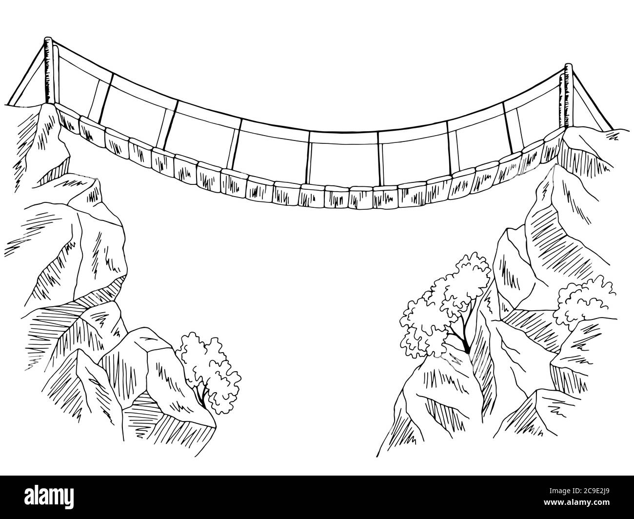 Bridge over the abyss graphic black white landscape illustration vector Stock Vector