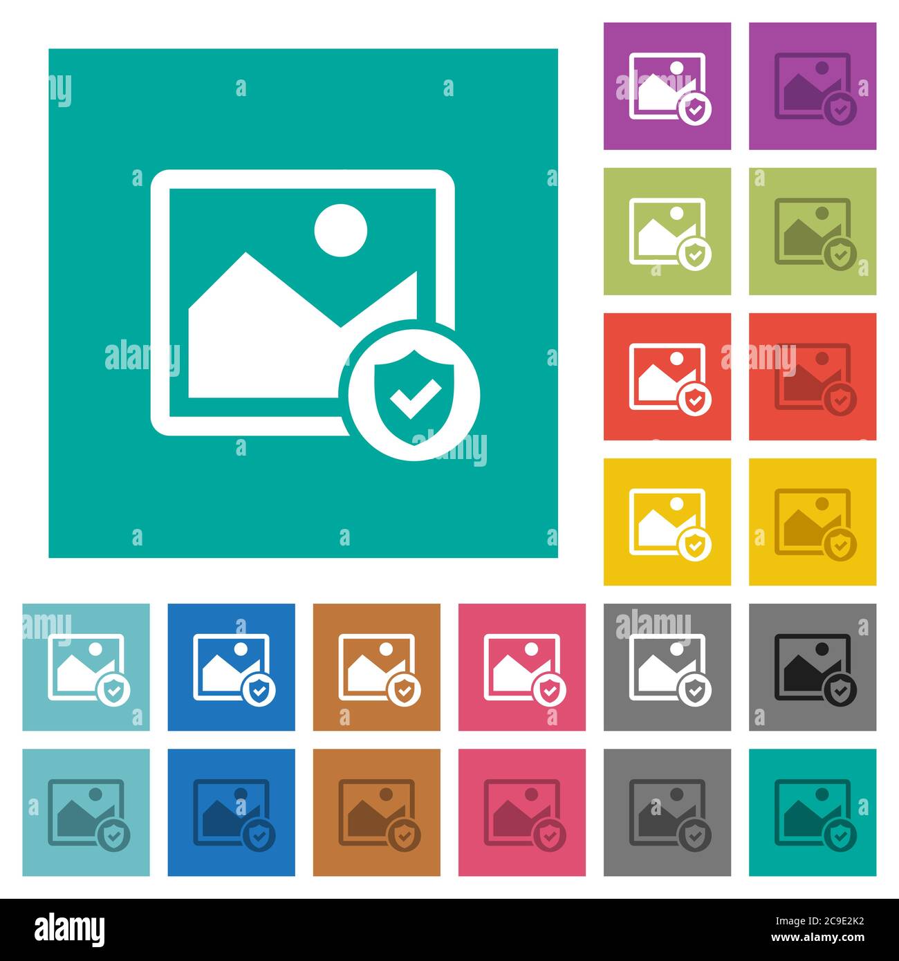 Protected image multi colored flat icons on plain square backgrounds. Included white and darker icon variations for hover or active effects. Stock Vector