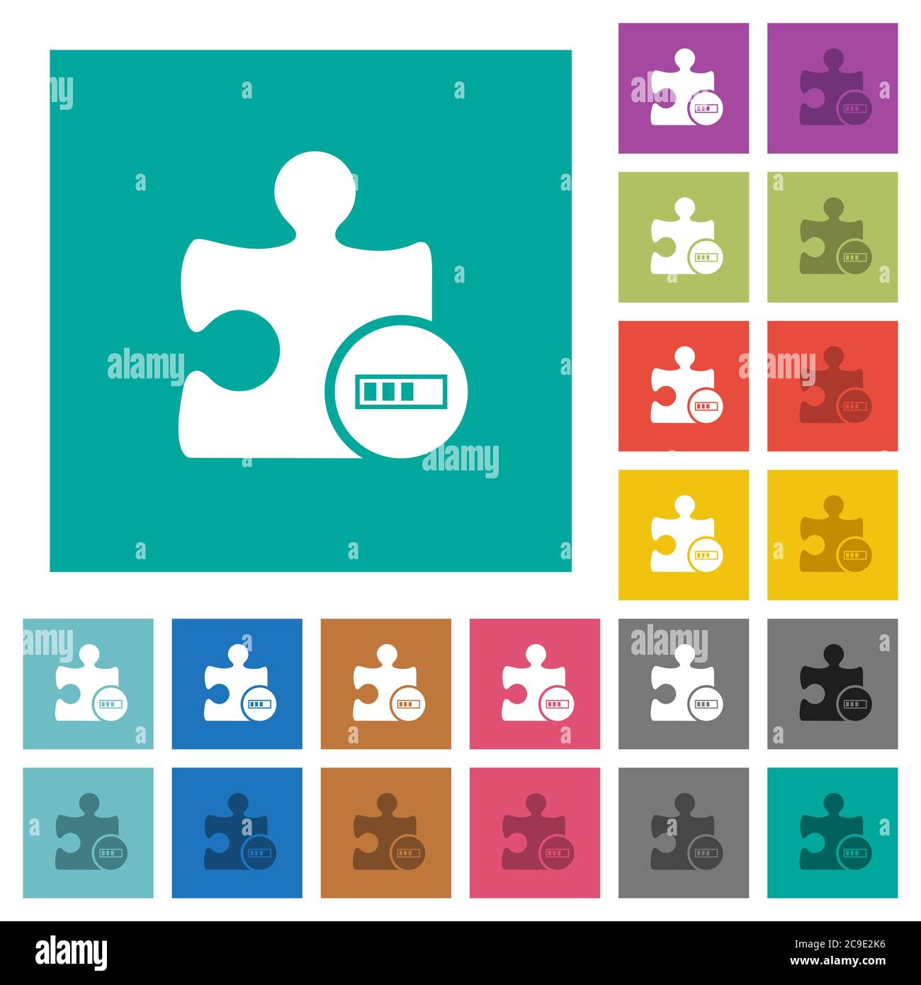 Plugin processing multi colored flat icons on plain square backgrounds. Included white and darker icon variations for hover or active effects. Stock Vector