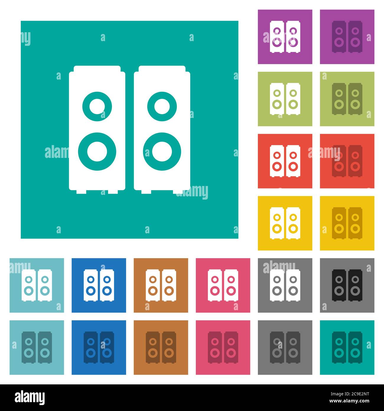 Speakers multi colored flat icons on plain square backgrounds. Included white and darker icon variations for hover or active effects. Stock Vector