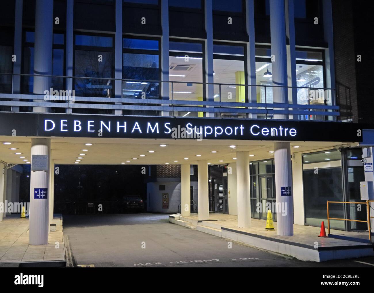 Debenhams Support Centre,high street retail,Bedford House, Park St, Taunton TA1 4DB at dusk Stock Photo