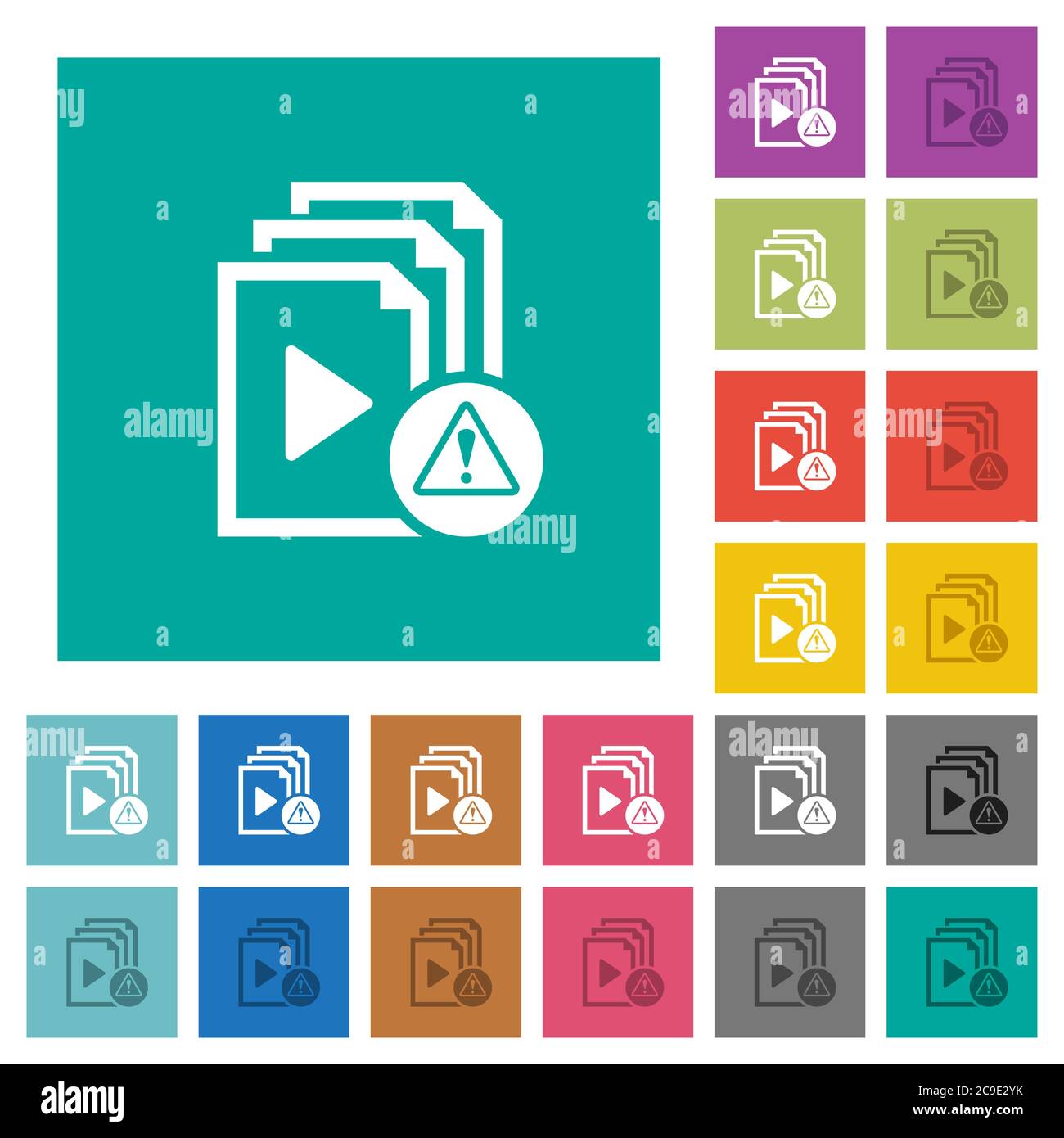 Playlist warning multi colored flat icons on plain square backgrounds. Included white and darker icon variations for hover or active effects. Stock Vector