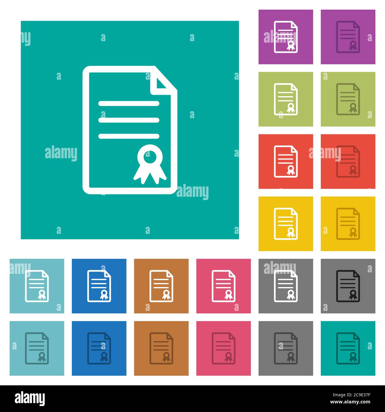 Certificate document multi colored flat icons on plain square backgrounds. Included white and darker icon variations for hover or active effects. Stock Vector