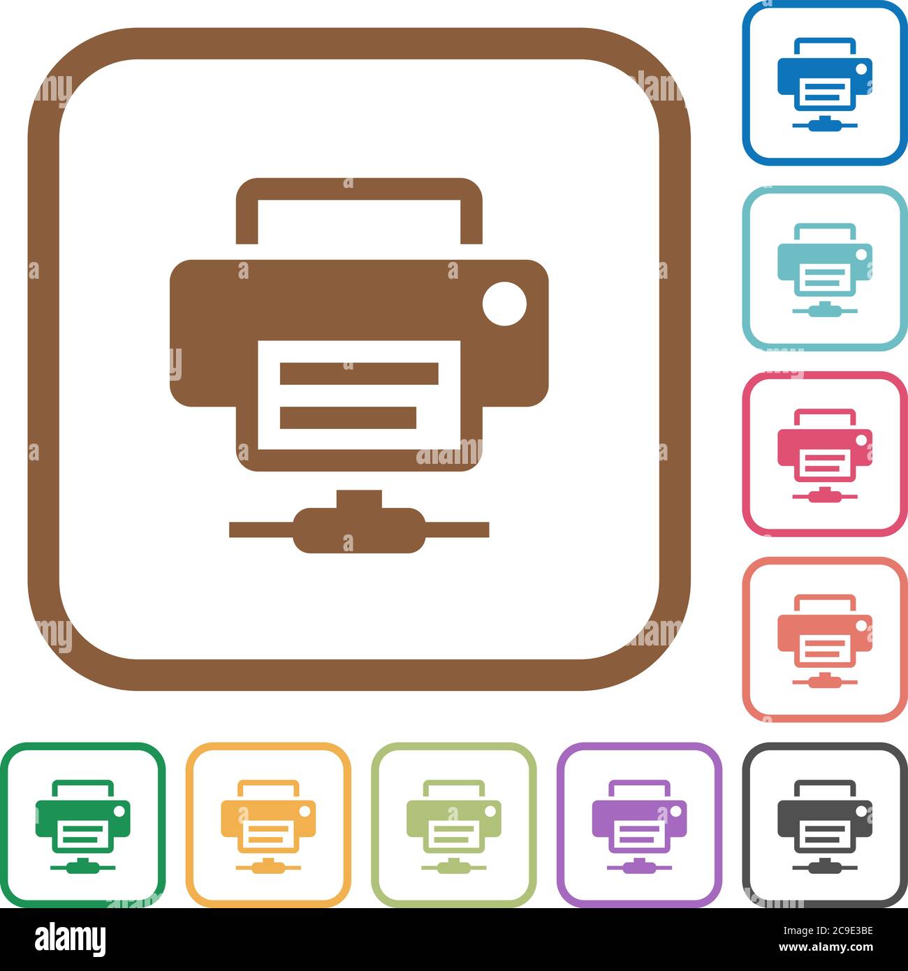 Network printer simple icons in color rounded square frames on white ...