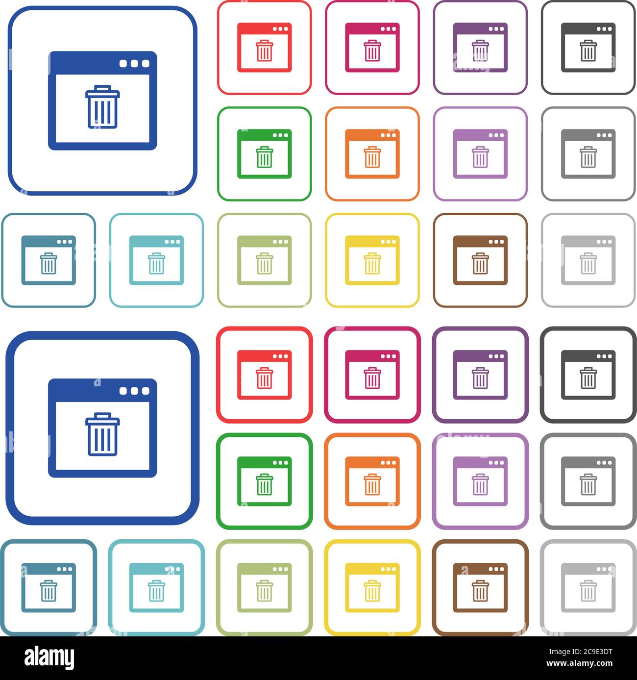 Application delete color flat icons in rounded square frames. Thin and thick versions included. Stock Vector