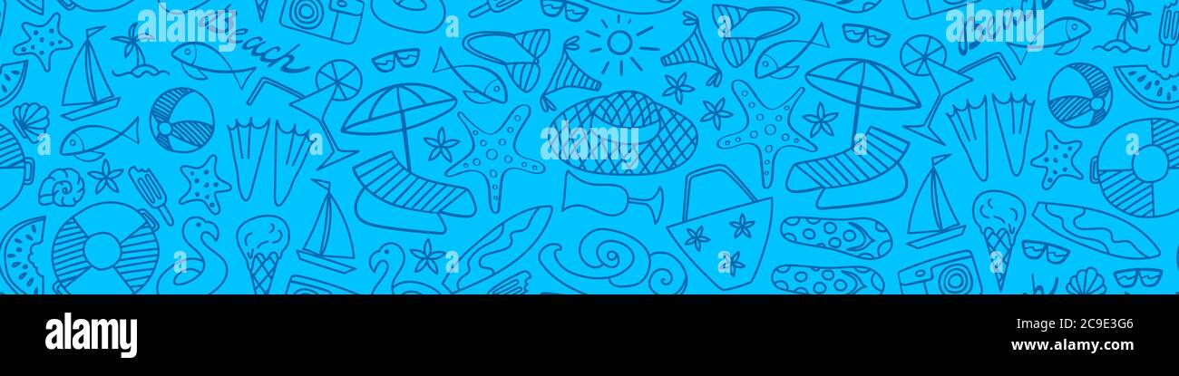 Summer beach hand drawn seamless banner. Vacation doodles on blue background. Stock Vector