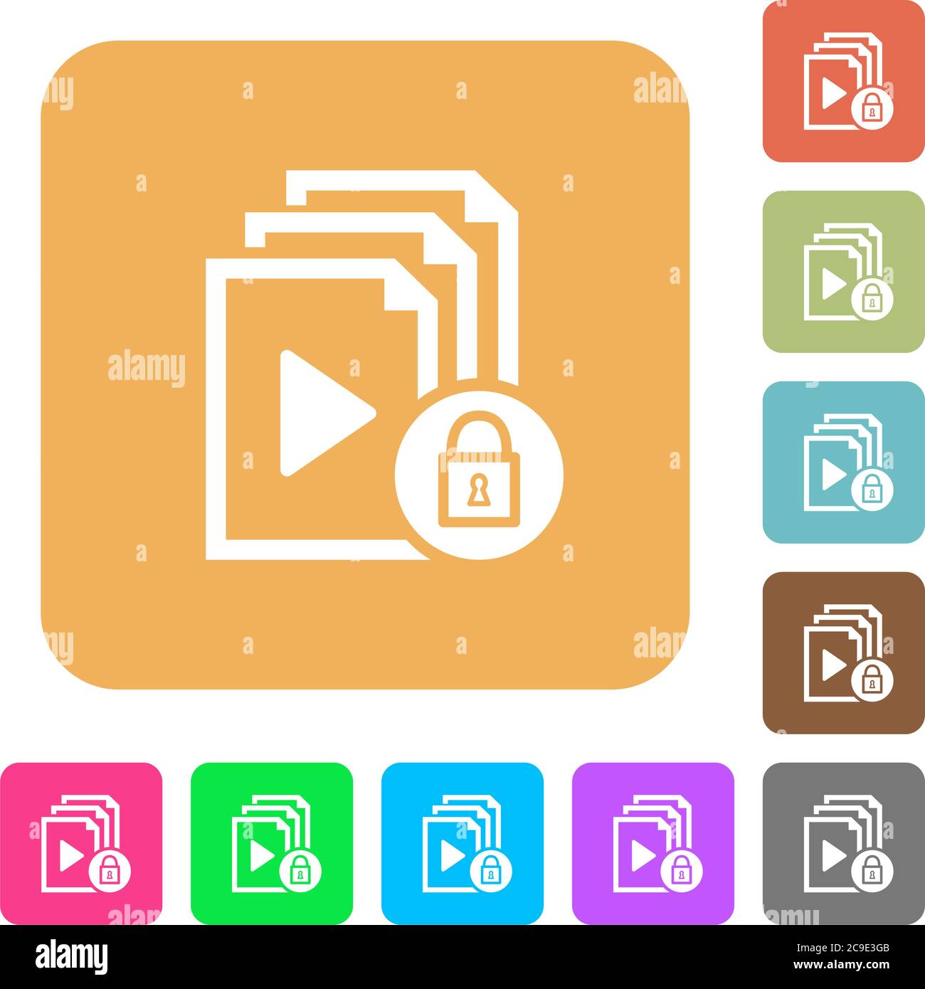 Lock playlist flat icons on rounded square vivid color backgrounds. Stock Vector