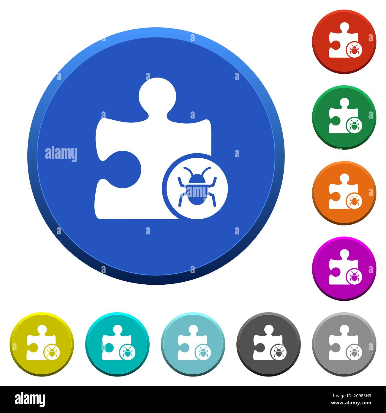Plugin bug round color beveled buttons with smooth surfaces and flat white icons Stock Vector