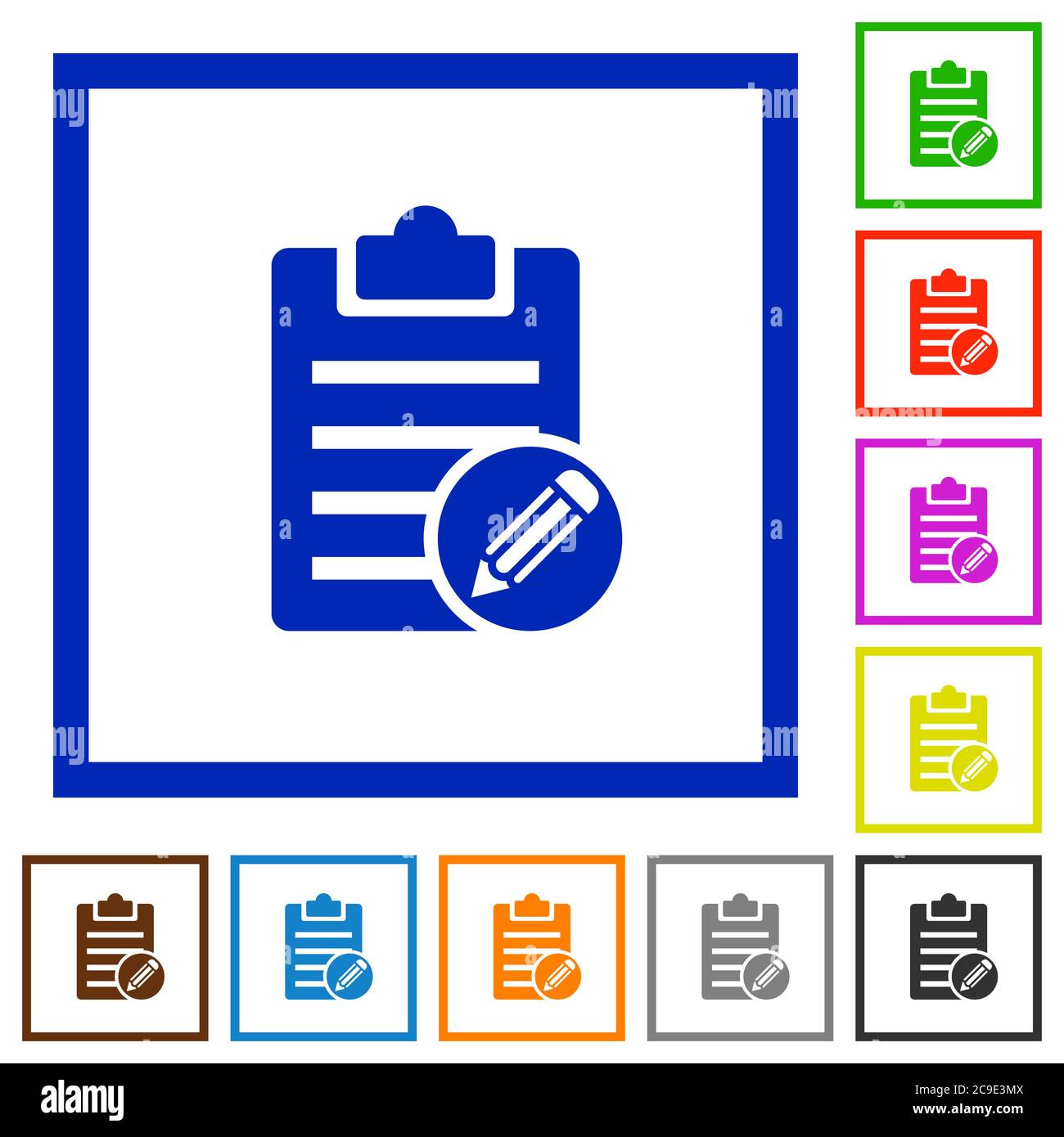 Edit note flat color icons in square frames on white background Stock Vector