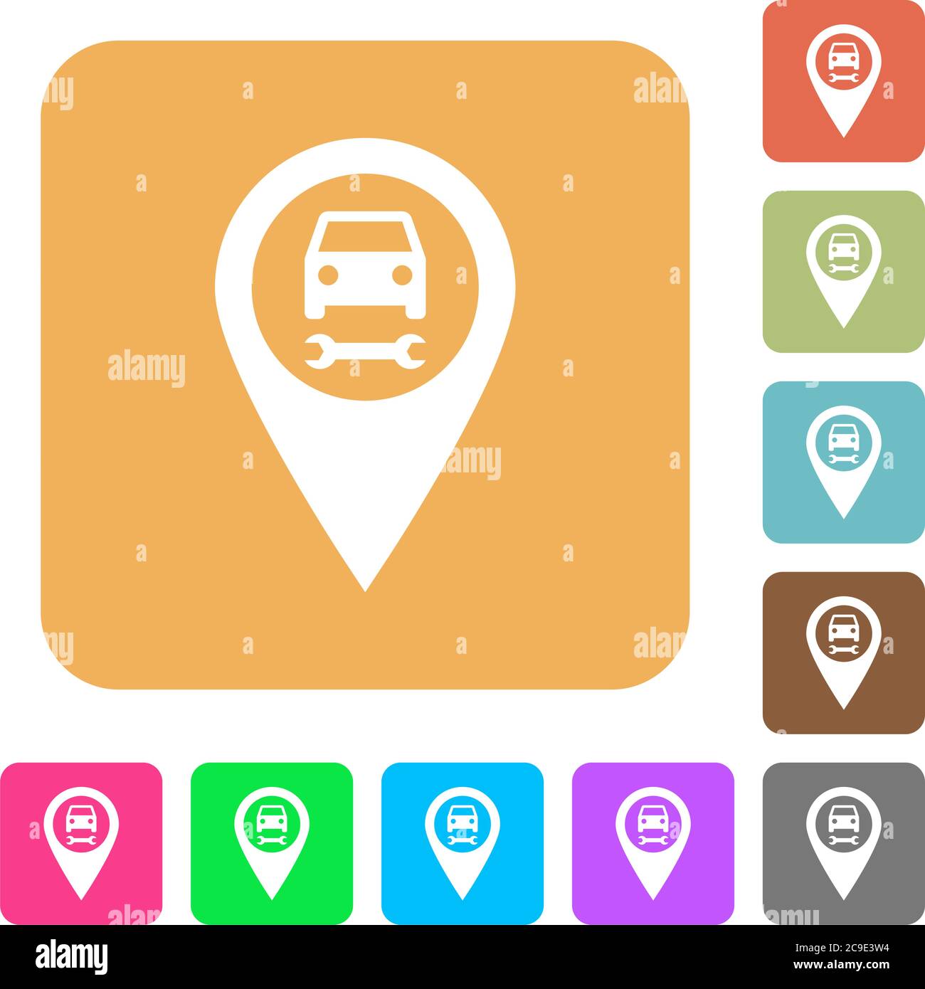 Car service GPS map location flat icons on rounded square vivid color ...