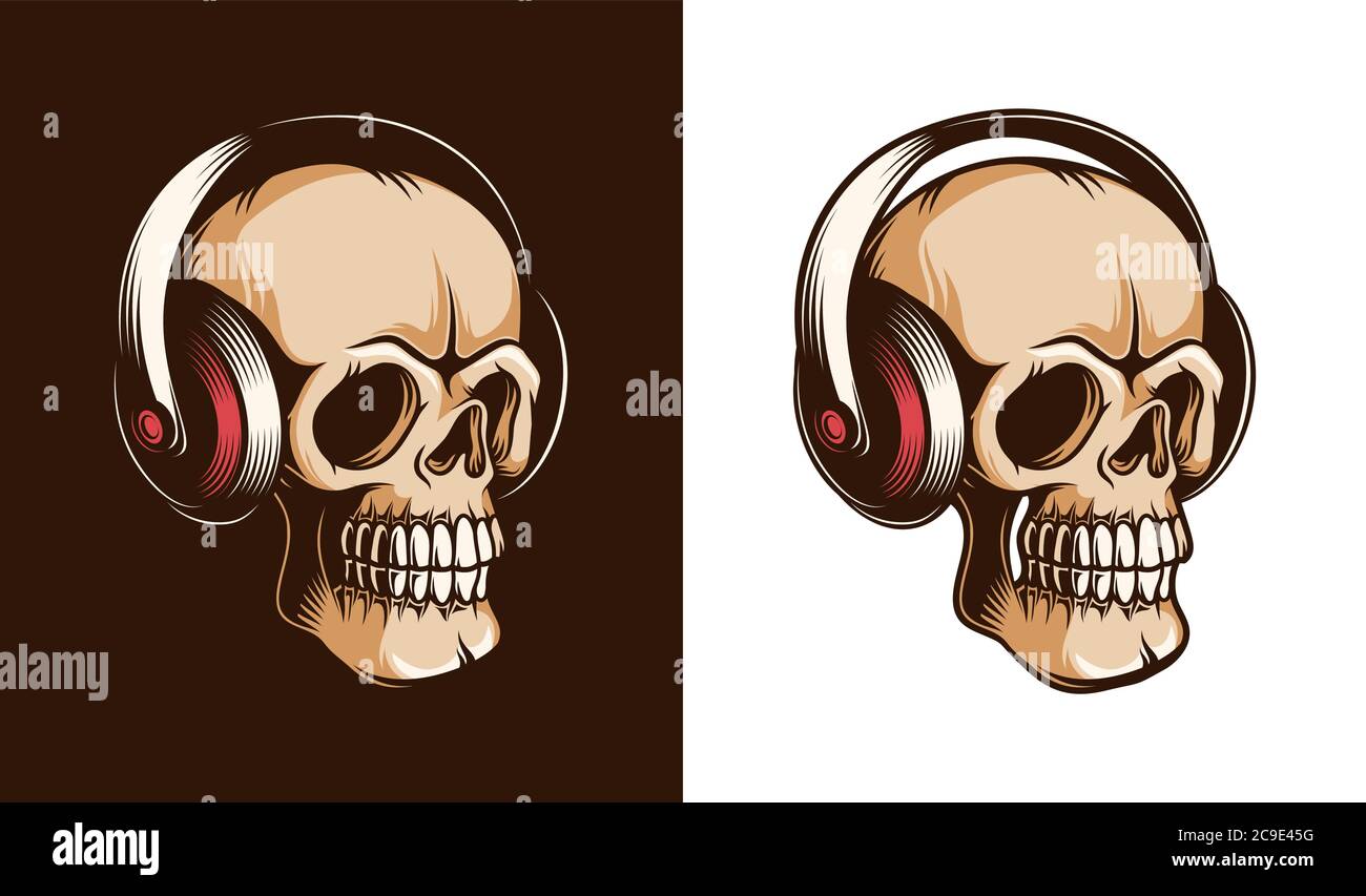 Skull with headphones retro illustration. Stock Vector
