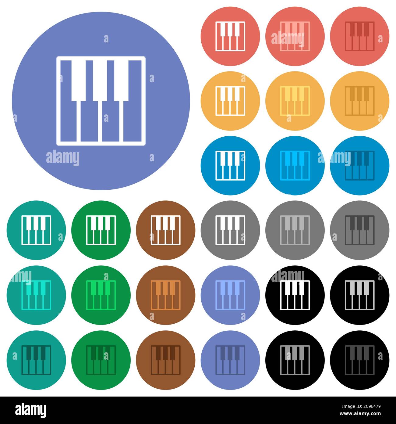 Piano keyboard multi colored flat icons on round backgrounds. Included ...
