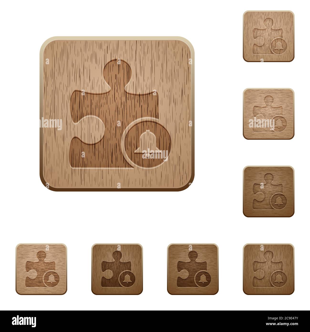 Bell plugin on rounded square carved wooden button styles Stock Vector