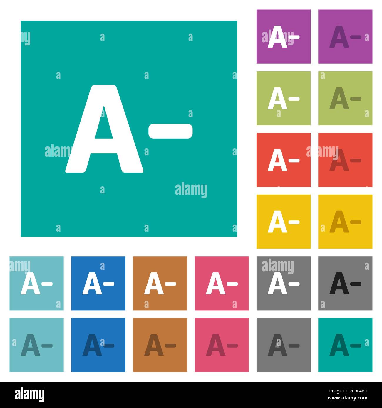 Decrease font size multi colored flat icons on plain square backgrounds. Included white and darker icon variations for hover or active effects. Stock Vector