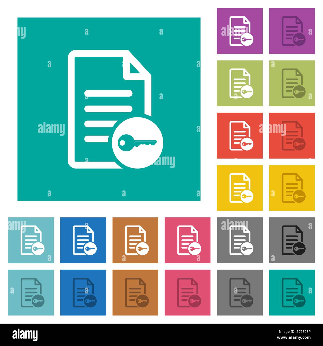 Secure document multi colored flat icons on plain square backgrounds. Included white and darker icon variations for hover or active effects. Stock Vector