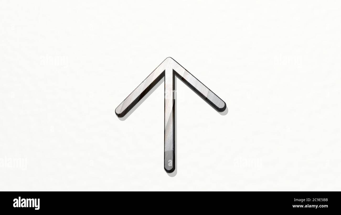 ARROW UP made by 3D illustration of a shiny metallic sculpture on a ...