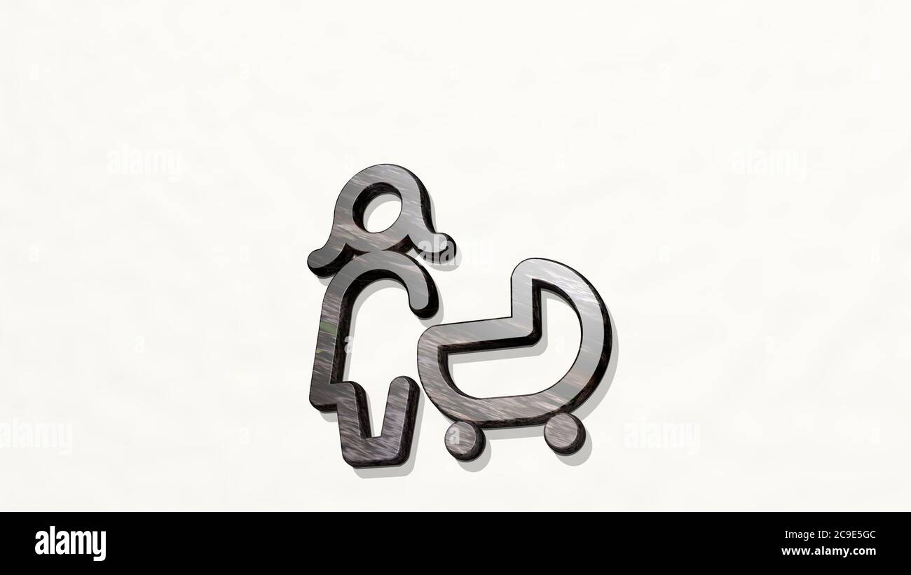 baby trolley on the wall. 3D illustration of metallic sculpture over a white background with mild texture. cute and child Stock Photo