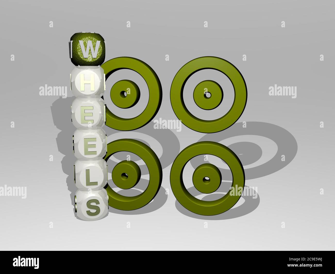 3D representation of WHEELS with icon on the wall and text arranged by metallic cubic letters on a mirror floor for concept meaning and slideshow presentation. illustration and background Stock Photo