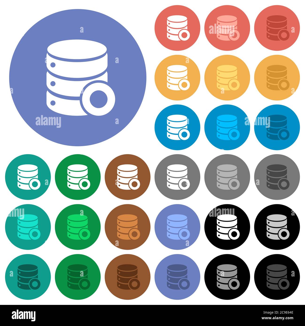Database macro record multi colored flat icons on round backgrounds. Included white, light and dark icon variations for hover and active status effect Stock Vector