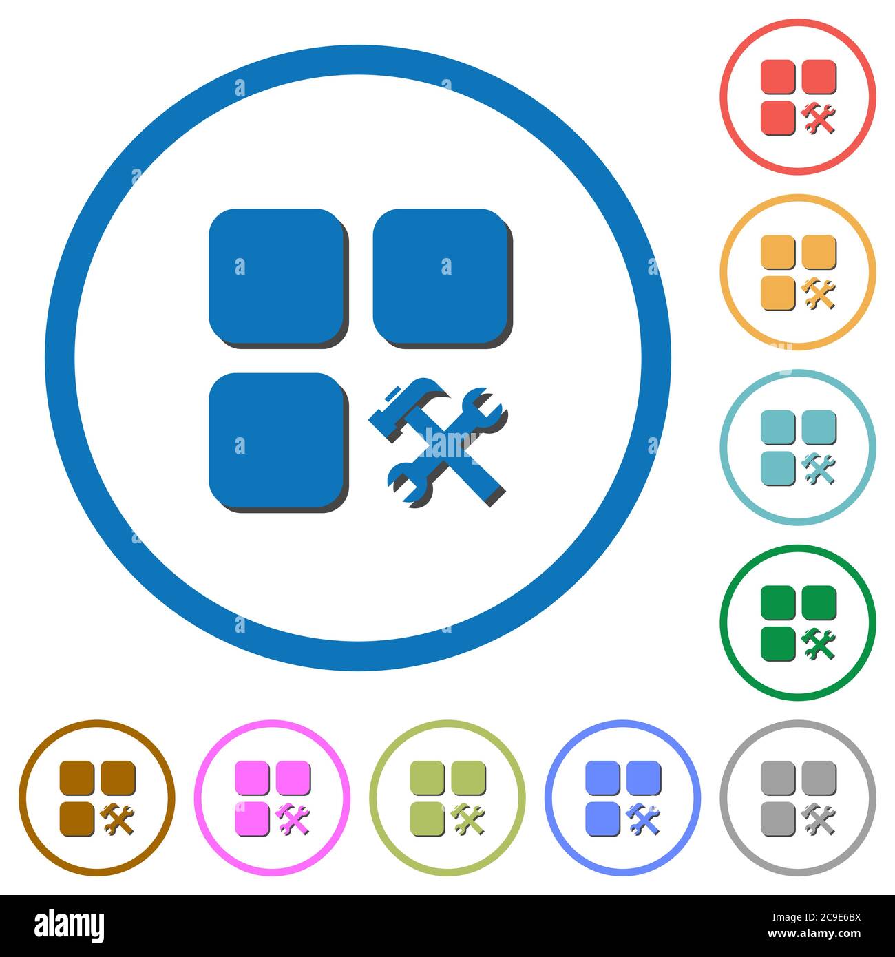 Component tools flat color vector icons with shadows in round outlines on white background Stock Vector