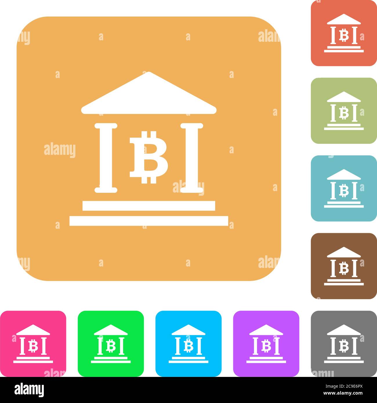 Bitcoin bank office flat icons on rounded square vivid color backgrounds. Stock Vector