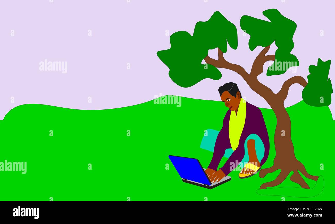 An indian poor village man farmer cartoon illustration working on computer  natural forest colorful background Stock Vector Image & Art - Alamy