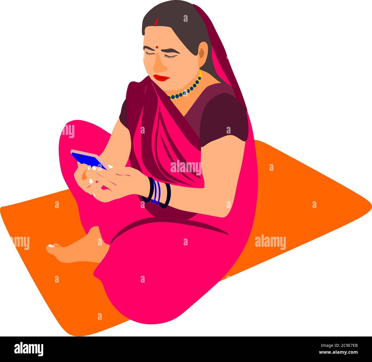 An indian poor village matured woman farmer cartoon illustration working on smart phone isolated wearing pink traditional sari. Stock Vector