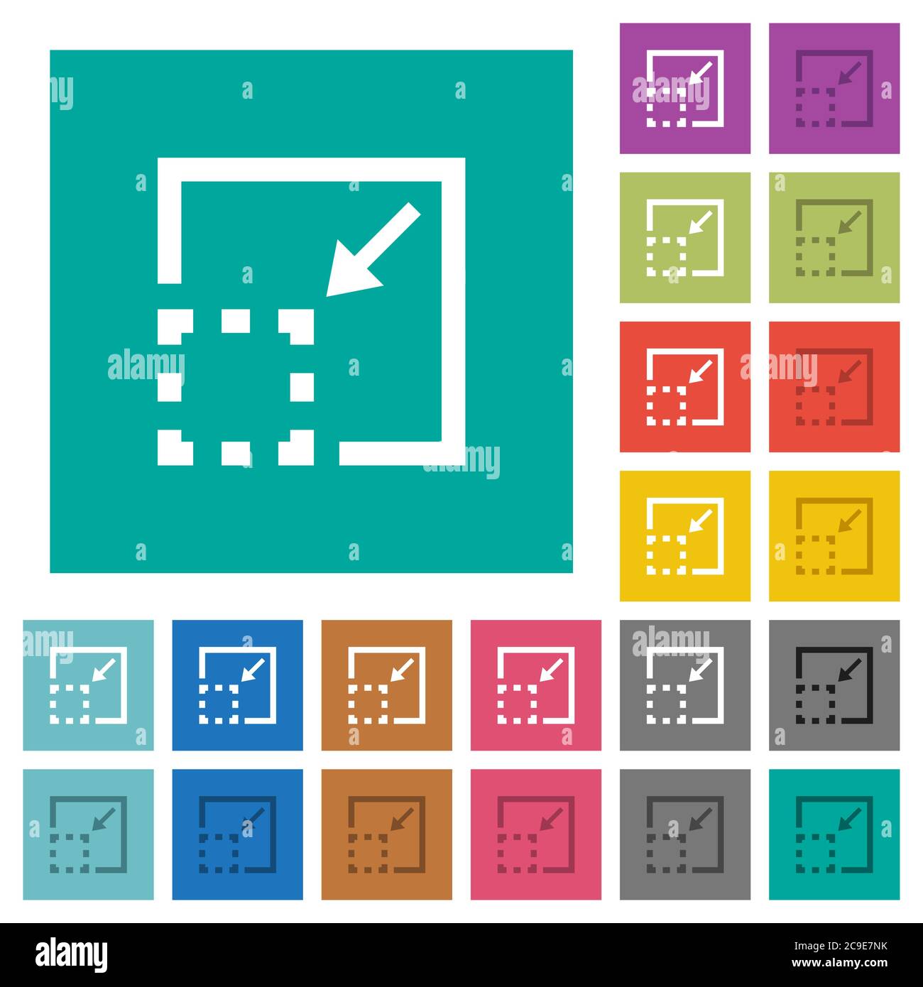 Minimize element multi colored flat icons on plain square backgrounds. Included white and darker icon variations for hover or active effects. Stock Vector