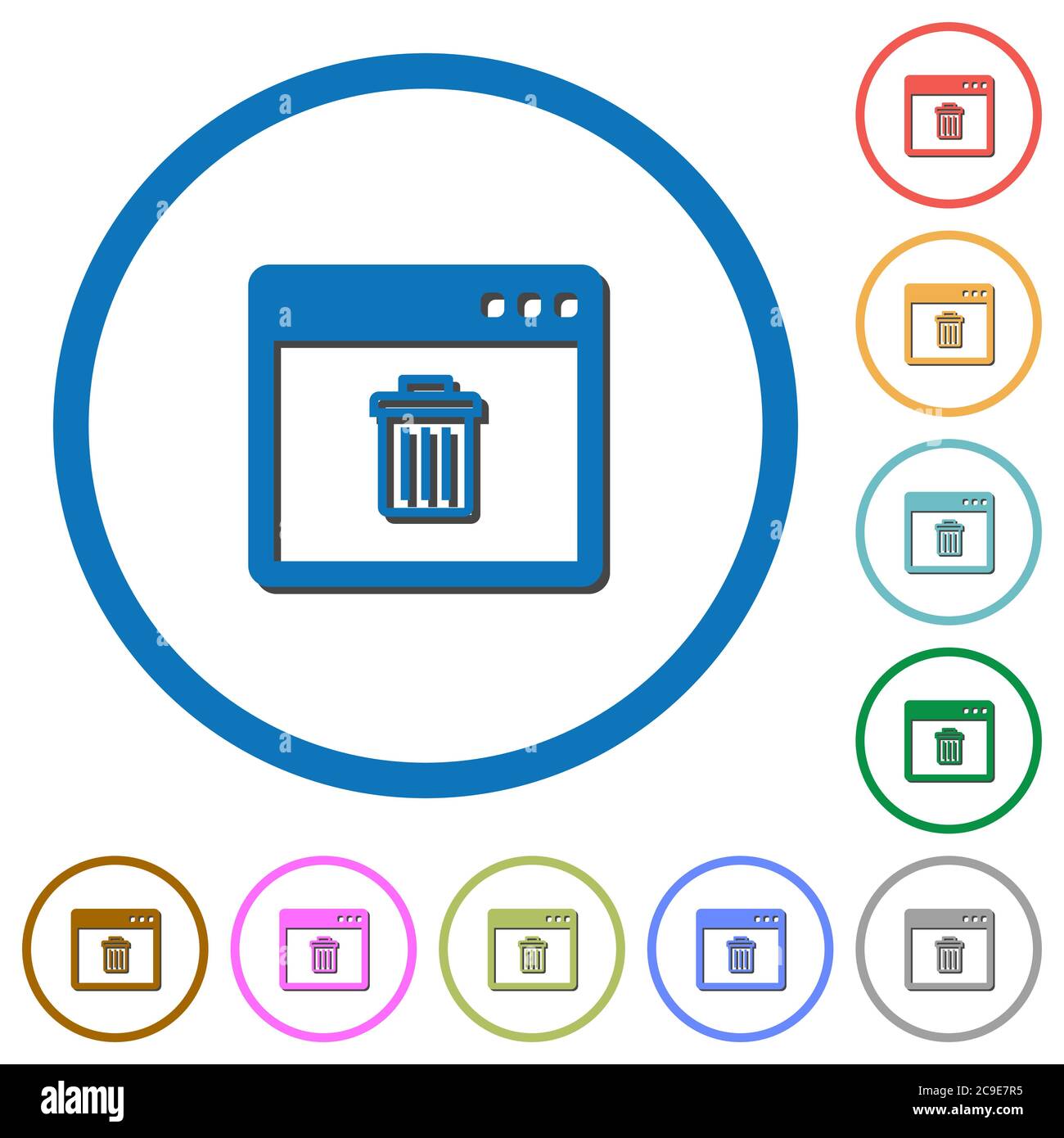 Application delete flat color vector icons with shadows in round outlines on white background Stock Vector