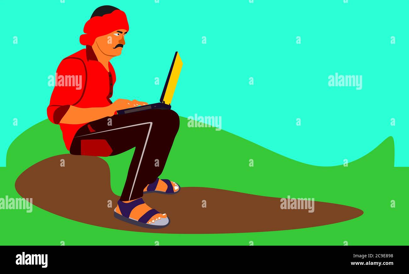 An indian poor village man operating laptop technology around natural ...