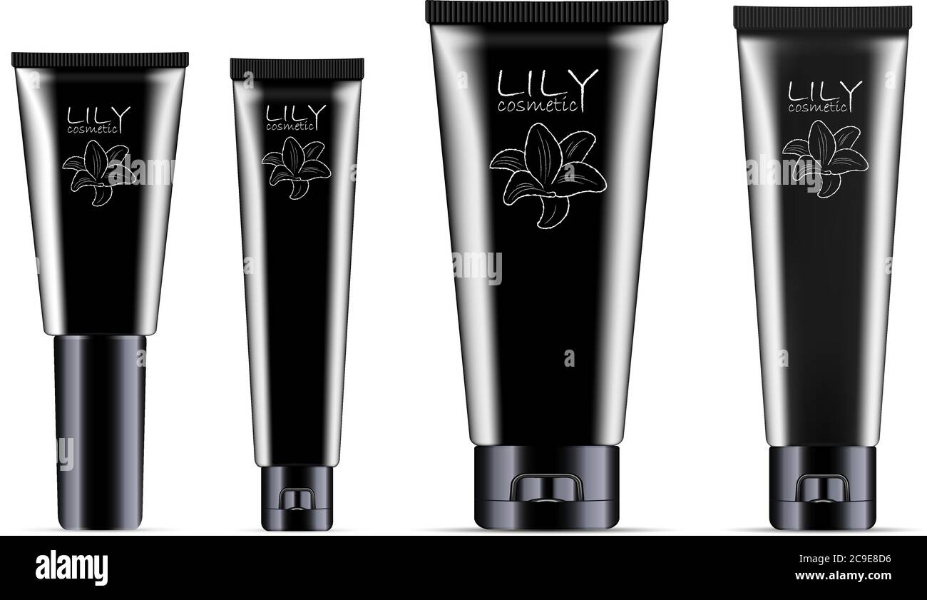 Cosmetic tubes in black color and different shape variations. Jars for ...