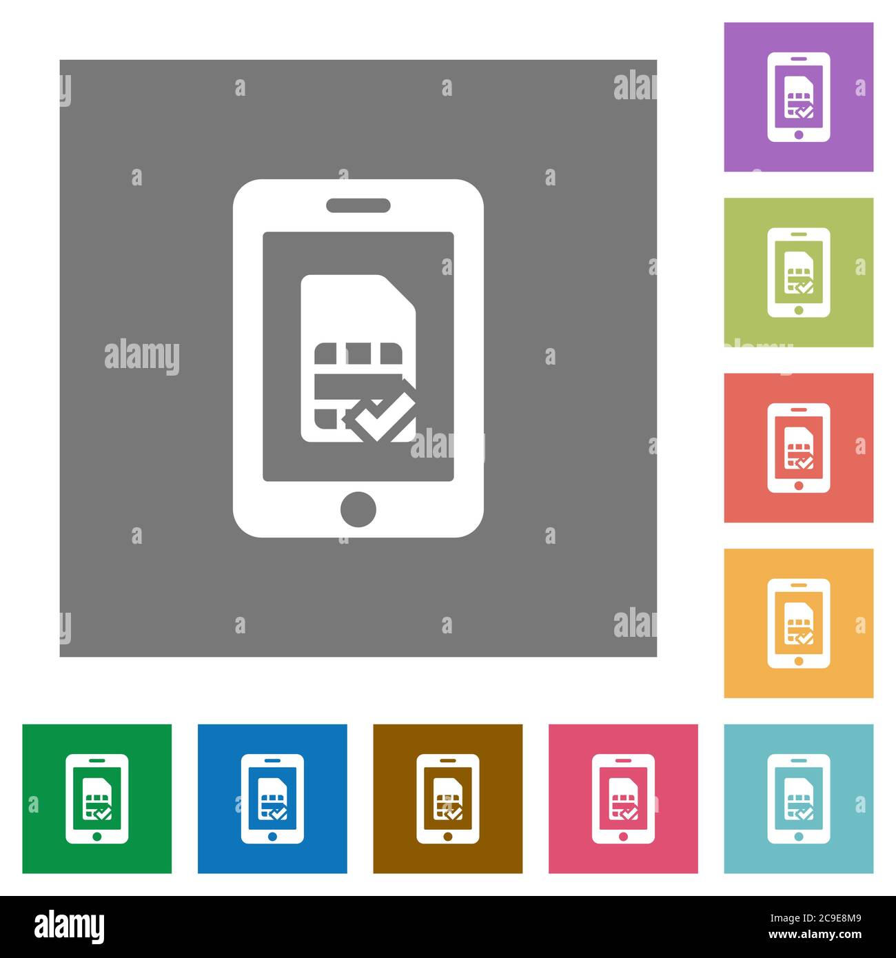 Mobile simcard accepted flat icons on simple color square backgrounds Stock Vector