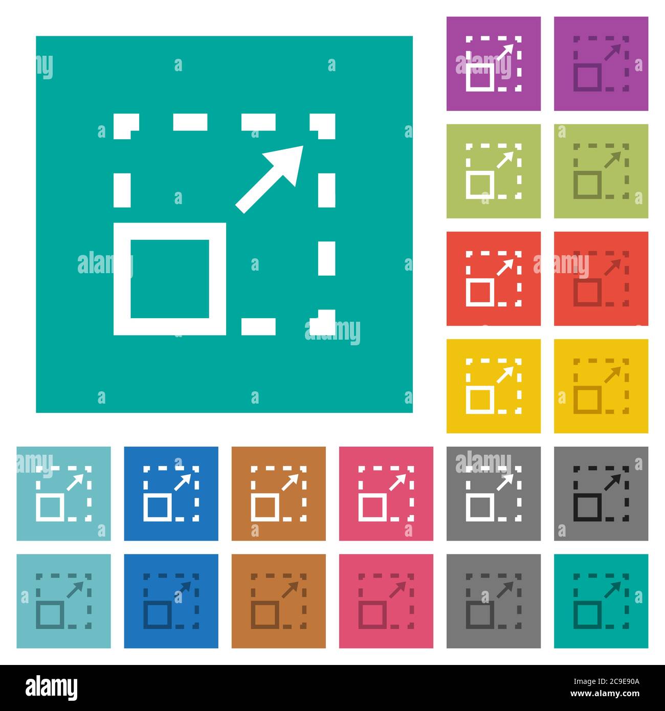 Maximize element multi colored flat icons on plain square backgrounds. Included white and darker icon variations for hover or active effects. Stock Vector