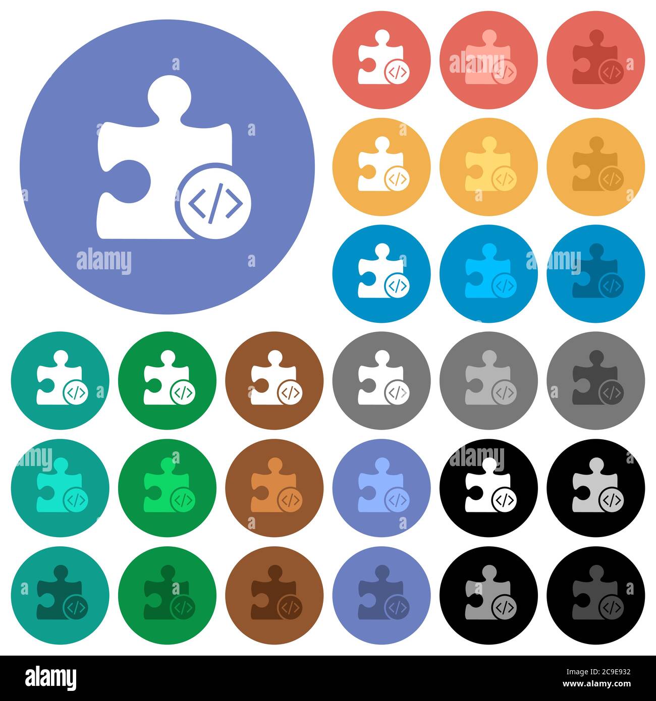 Plugin programming multi colored flat icons on round backgrounds. Included white, light and dark icon variations for hover and active status effects, Stock Vector