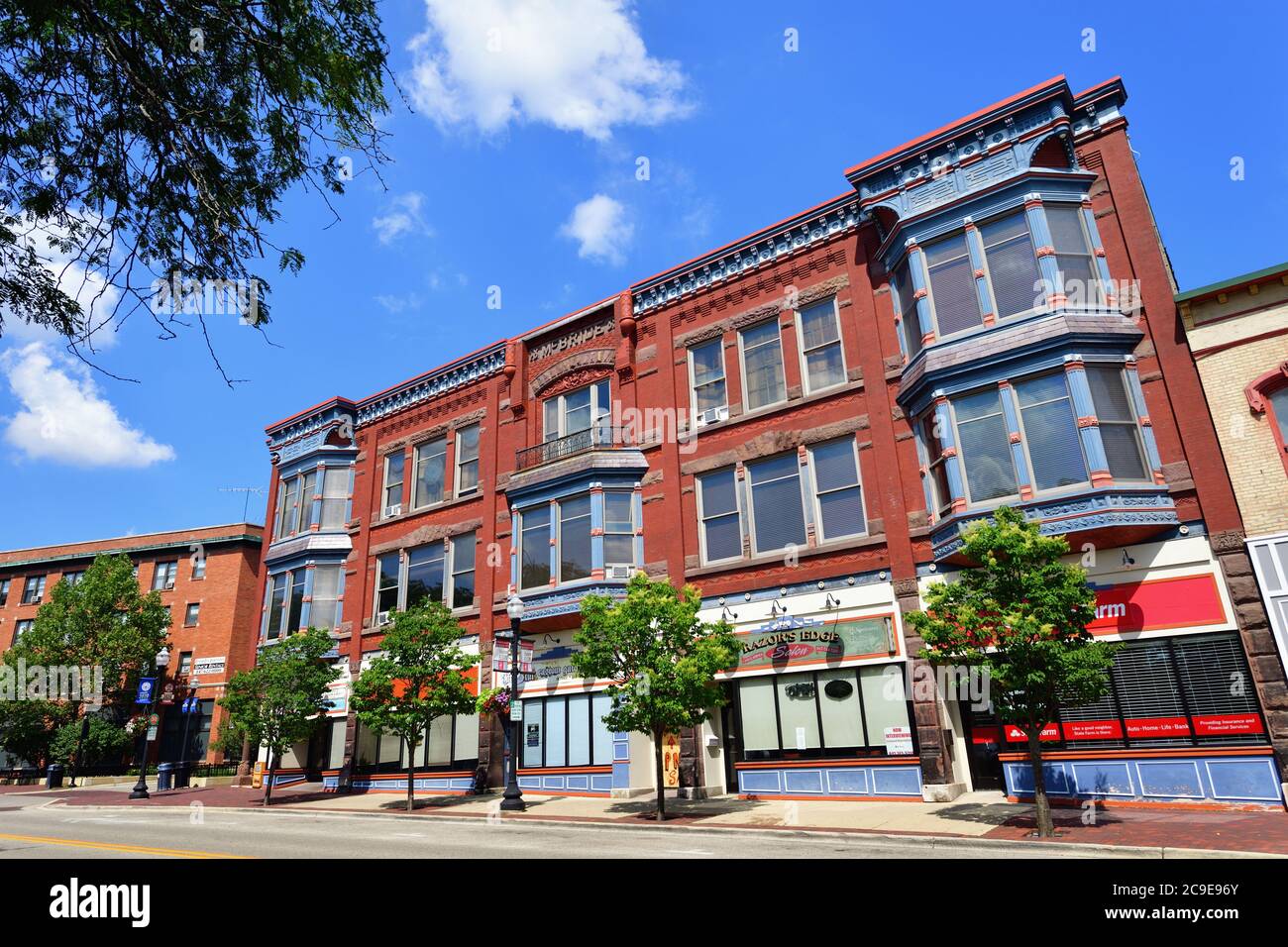 Elgin, Illinois, USA. Colorful facades on downtown building in the river city of Elgin, Illinois. Stock Photo