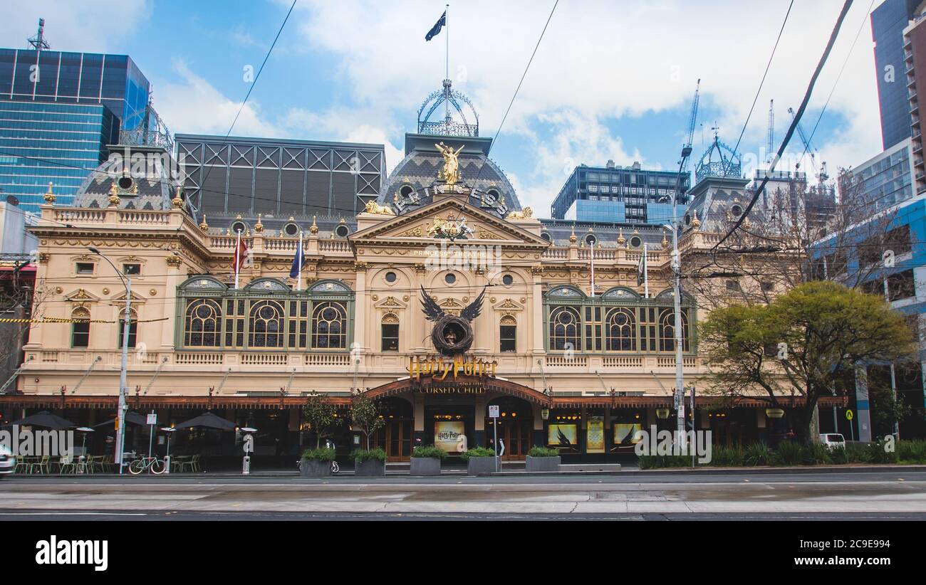 Princess Theatre in Melbourne CBD near Victoria parliament with a sign of Harry Potter and the cursed child in the front of the facade. Stock Photo