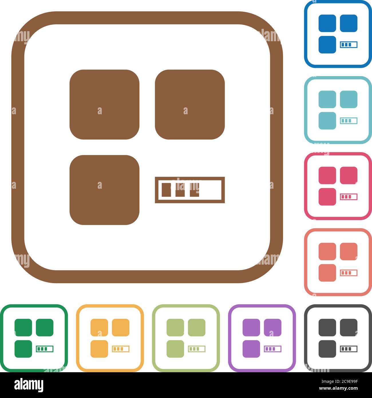 Component processing simple icons in color rounded square frames on white background Stock Vector