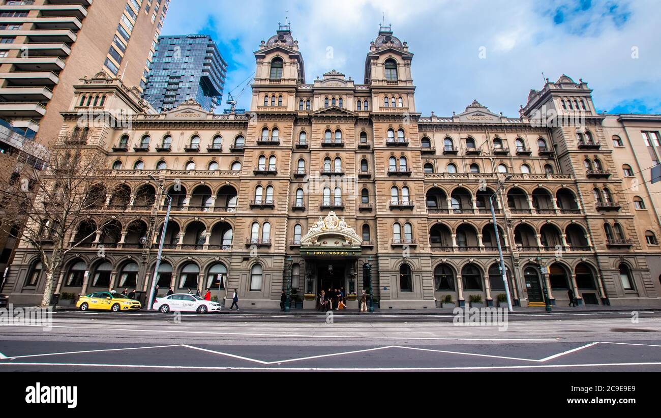 The facade of The Hotel Windsor near the victorian parliament. Melbourne, Victoria, Australia. Stock Photo