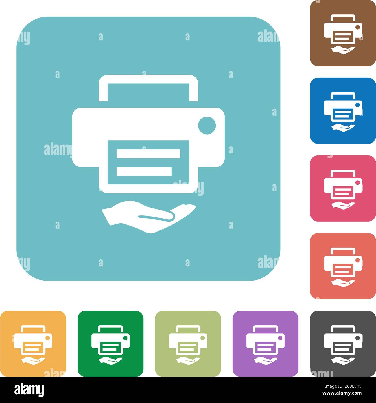 Shared printer white flat icons on color rounded square backgrounds Stock Vector