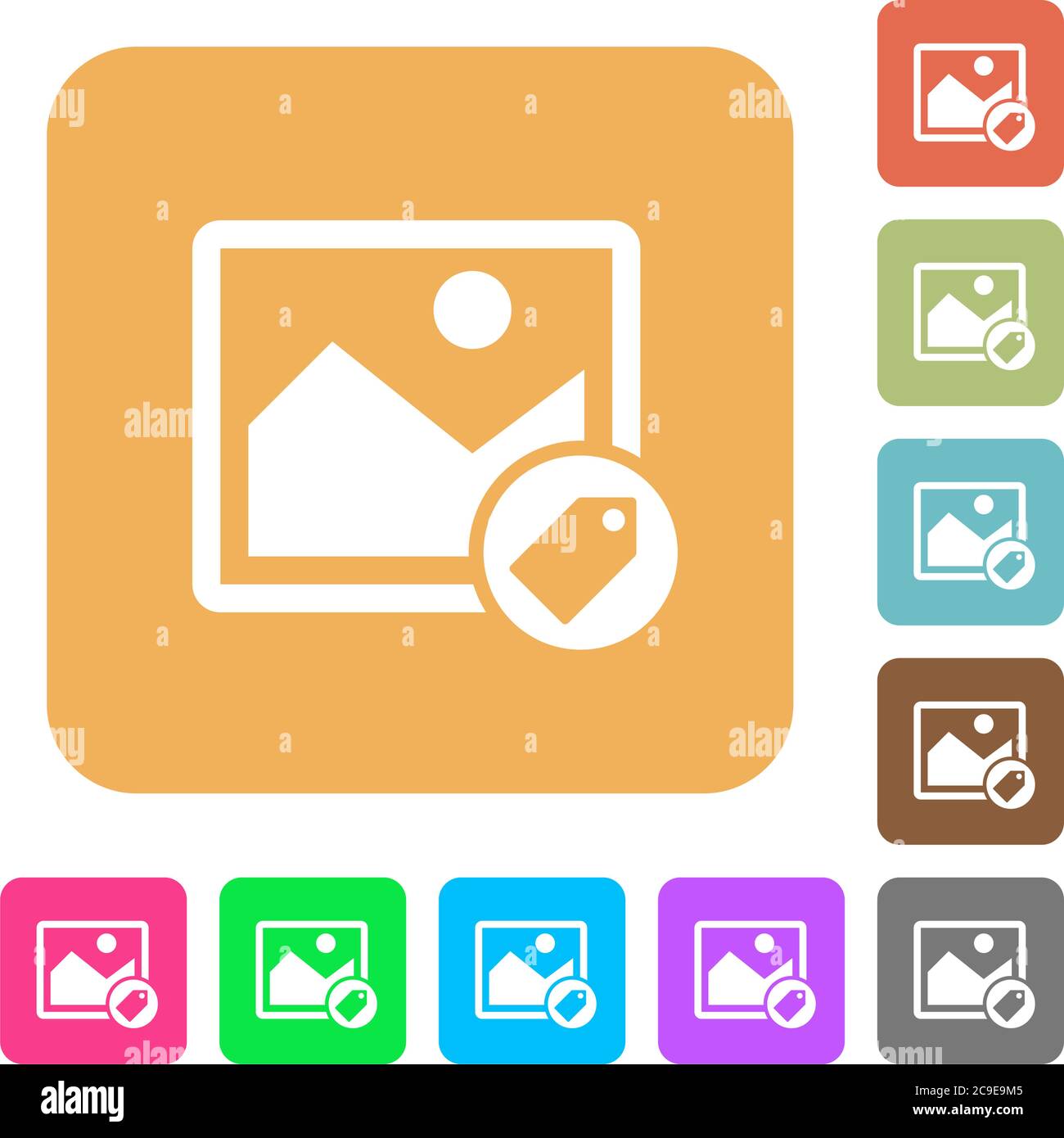 Image tagging flat icons on rounded square vivid color backgrounds. Stock Vector