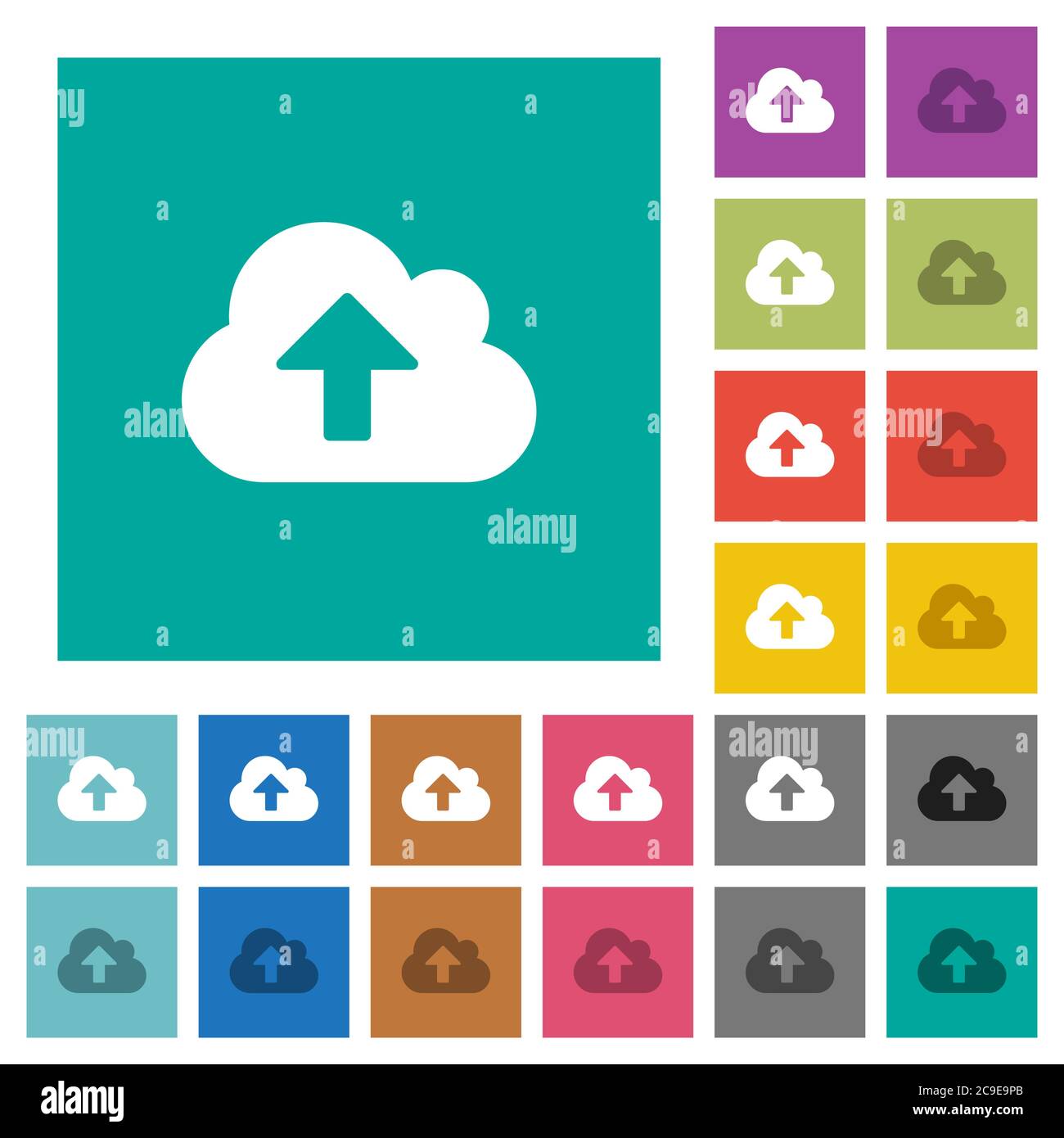 Cloud upload multi colored flat icons on plain square backgrounds. Included white and darker icon variations for hover or active effects. Stock Vector